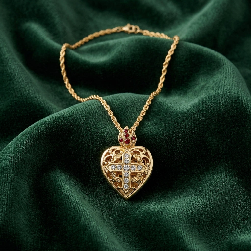 Gold heart-shaped necklace with a cross design on a green fabric background