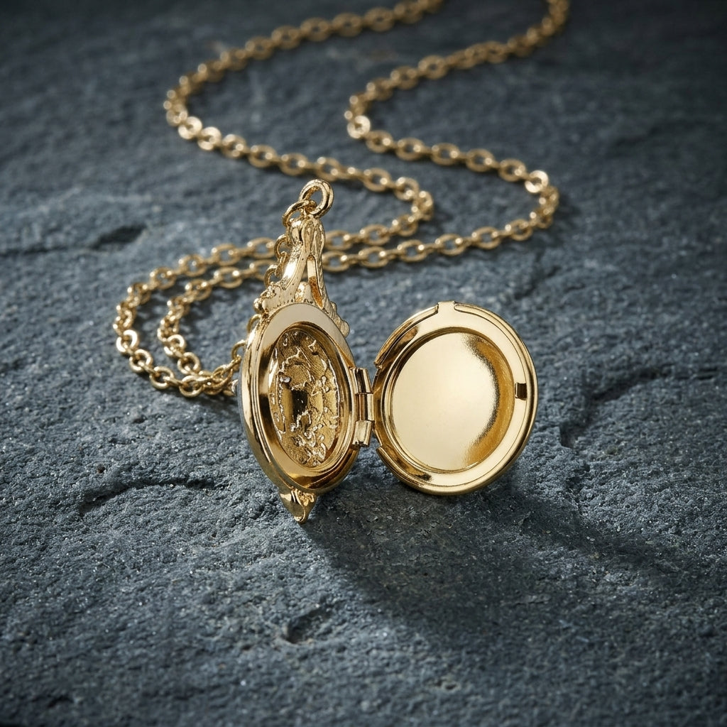 Gold locket necklace on a dark stone surface