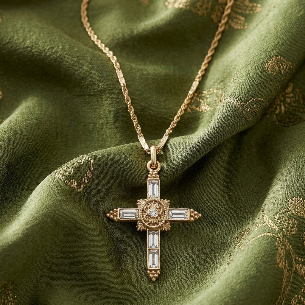 Gold cross pendant necklace with crystal accents on a green fabric background