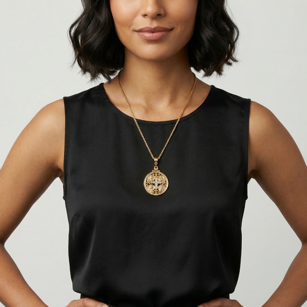 Woman wearing a black sleeveless top and gold and clear crystal cross pendant necklace with a large pendant on a neutral background