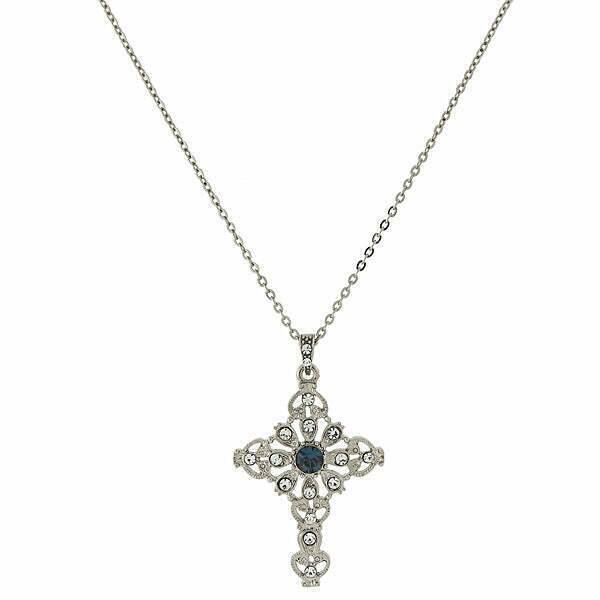 Symbols Of Faith Blue And Crystal Cross Pendant Necklace 16" + 3" Extender