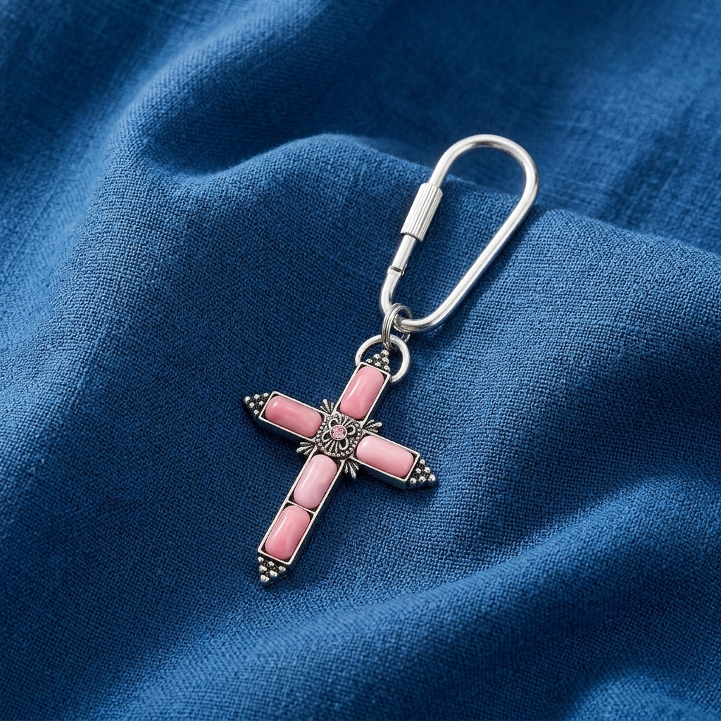 Pink cross keychain with silver accents on a blue fabric background