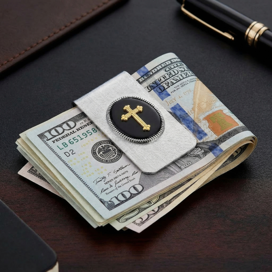 Cross designed money clip clamping a stack of US dollars on a desk.