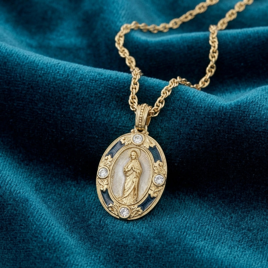 Gold necklace with a praying Mother Mary pendant on a blue fabric background