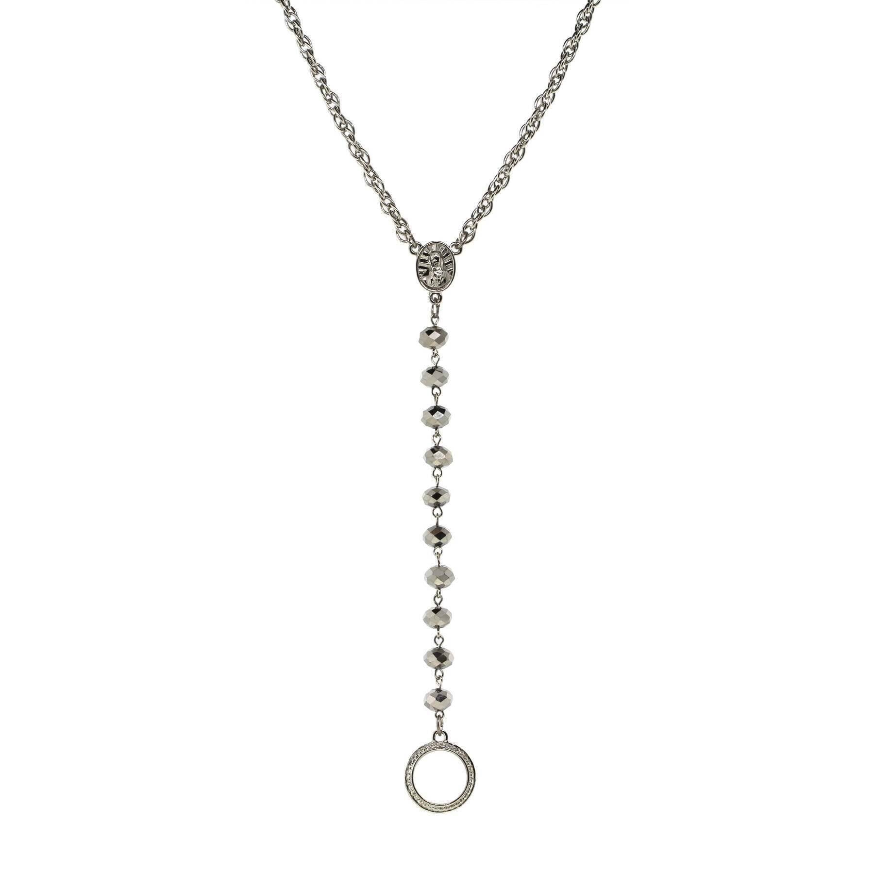 Symbols Of Faith Mary Medallion Crystal Rosary Badge And Eyeglass Holder Y-Necklace 16" + 3" Extender