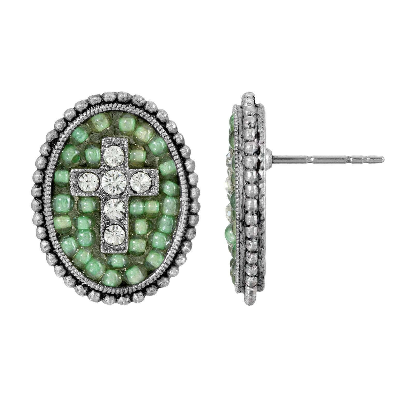 Symbols Of Faith Pewter Seeded Beads & Crystal Cross Oval Button Post Earrings