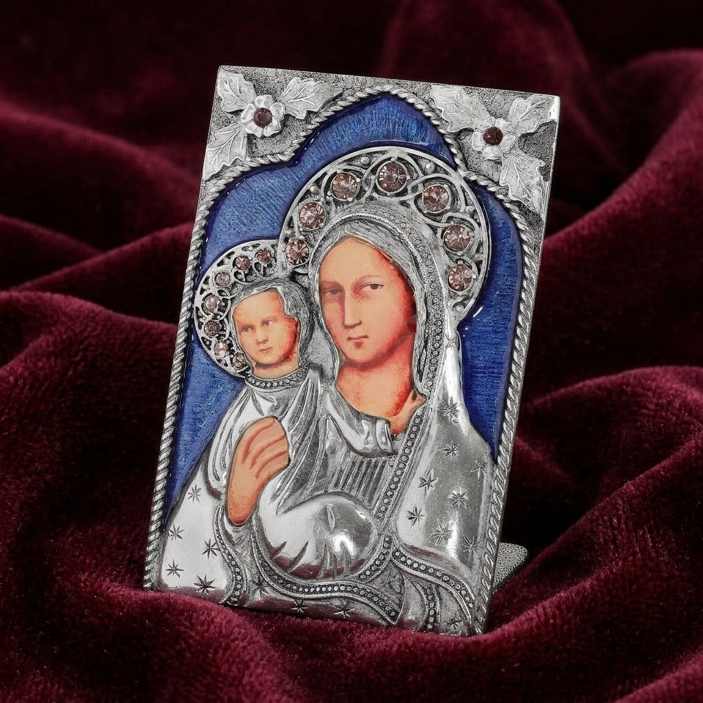 Decorative tabletop stand with a religious Mother Mary and Child design on a red fabric background