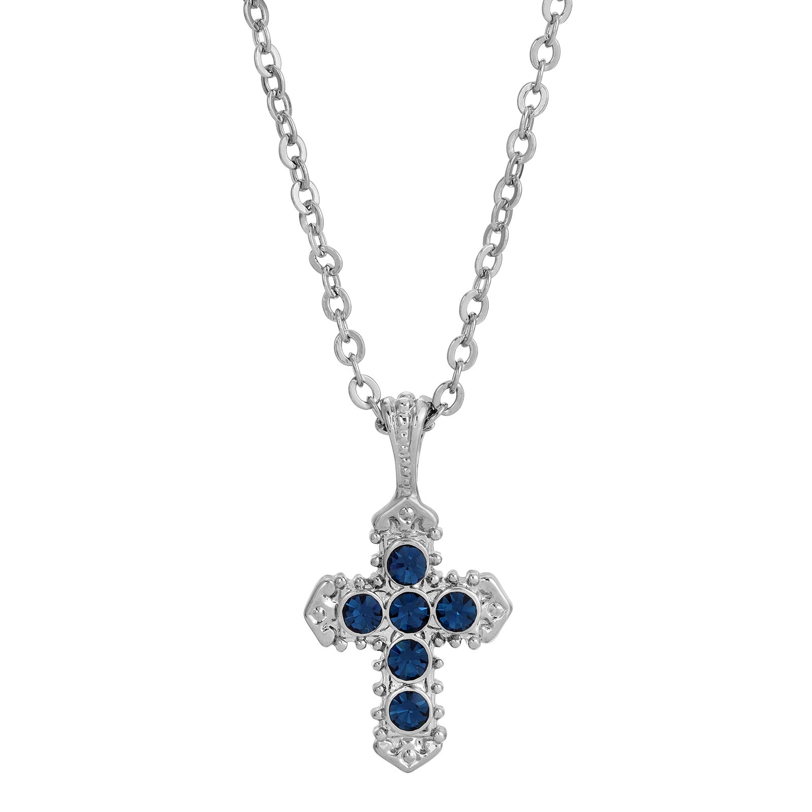 Symbols Of Faith Blue Crystal Cross Pendant Necklace 16" + 3" Extender