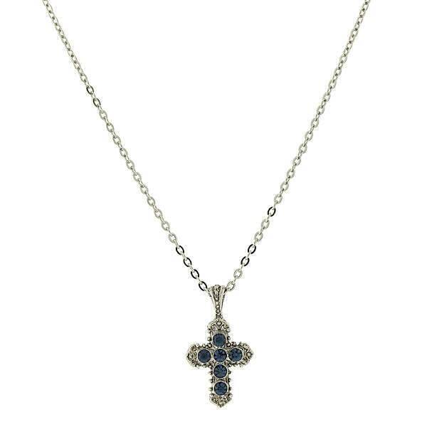 Symbols Of Faith Blue Crystal Cross Pendant Necklace 16" + 3" Extender