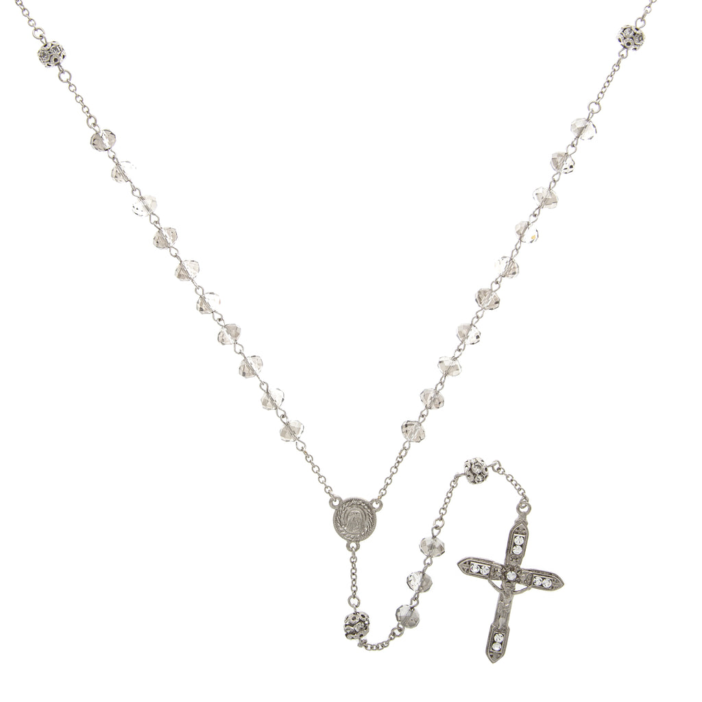 Symbols Of Faith Mary & Crucifix Black Diamond Round Crystal Beaded Rosary