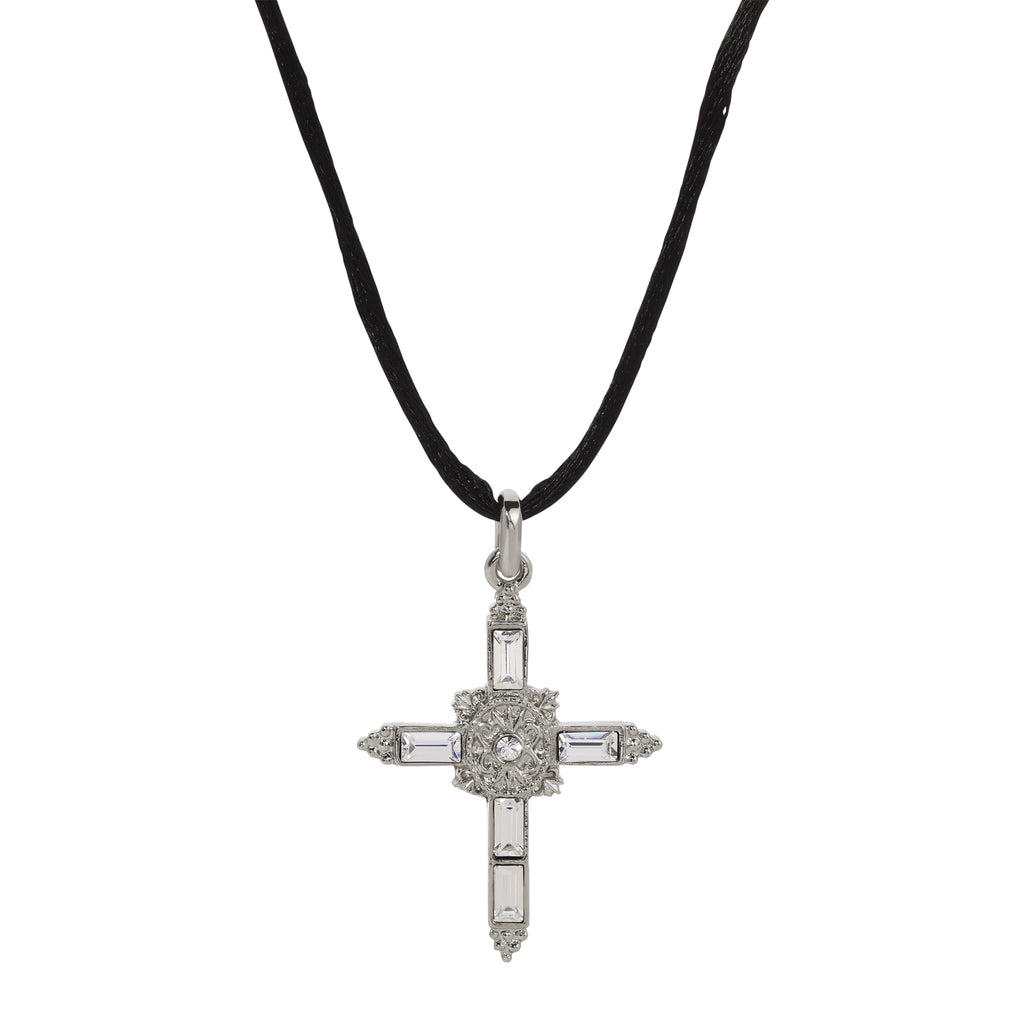Symbols Of Faith Baguette Crystal Cross Pendant Black Satin Cord Necklace 14" + 5" Extender