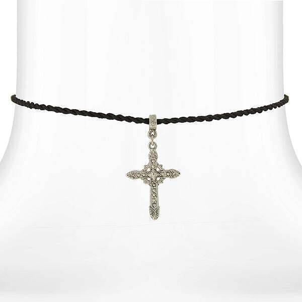 Symbols Of Faith Vintage Style Silver Cross Pendant Black Rayon Cord Necklace 15" + 3" Extender
