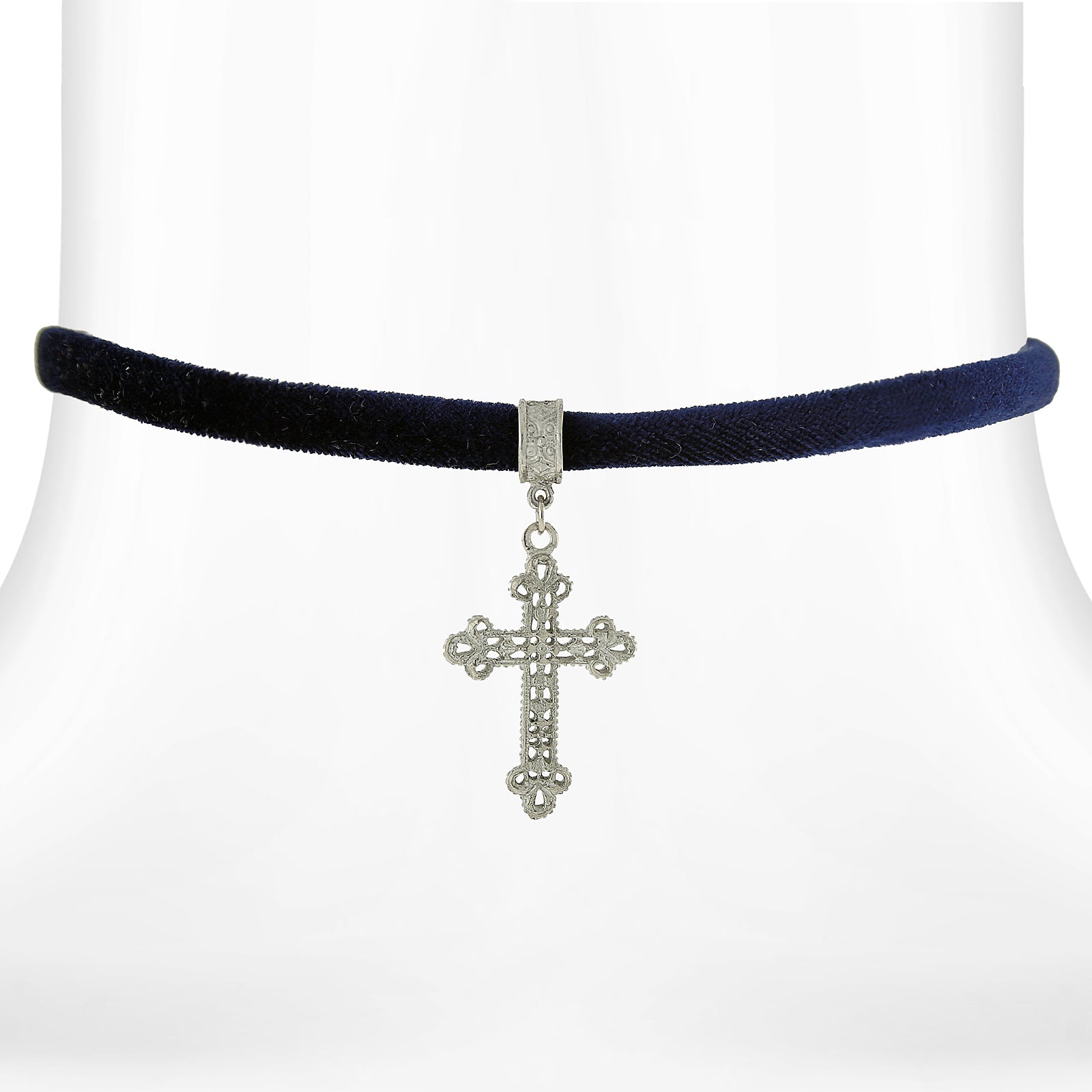Symbols Of Faith Filigree Cross Pendant Necklace On Black Velvet Ribbon 12" + 5" Extender