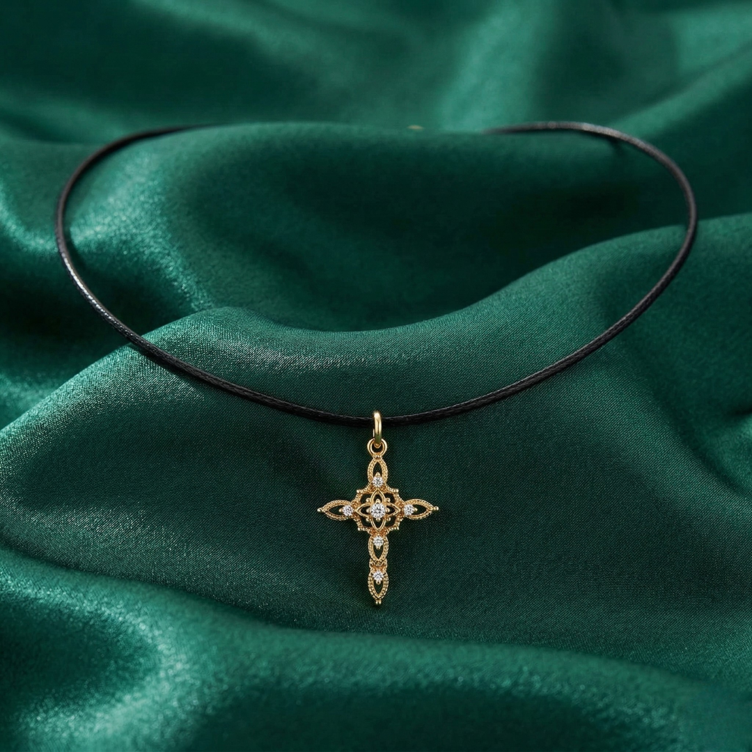 Gold cross pendant choker necklace on a black cord against a green fabric background