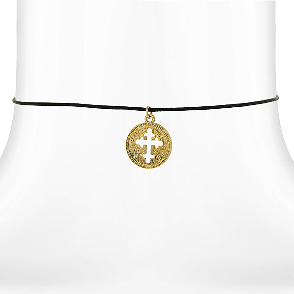 Symbols Of Faith Gold Budded Cross Pendant Black Satin Cord Necklace 14" + 3" Extender
