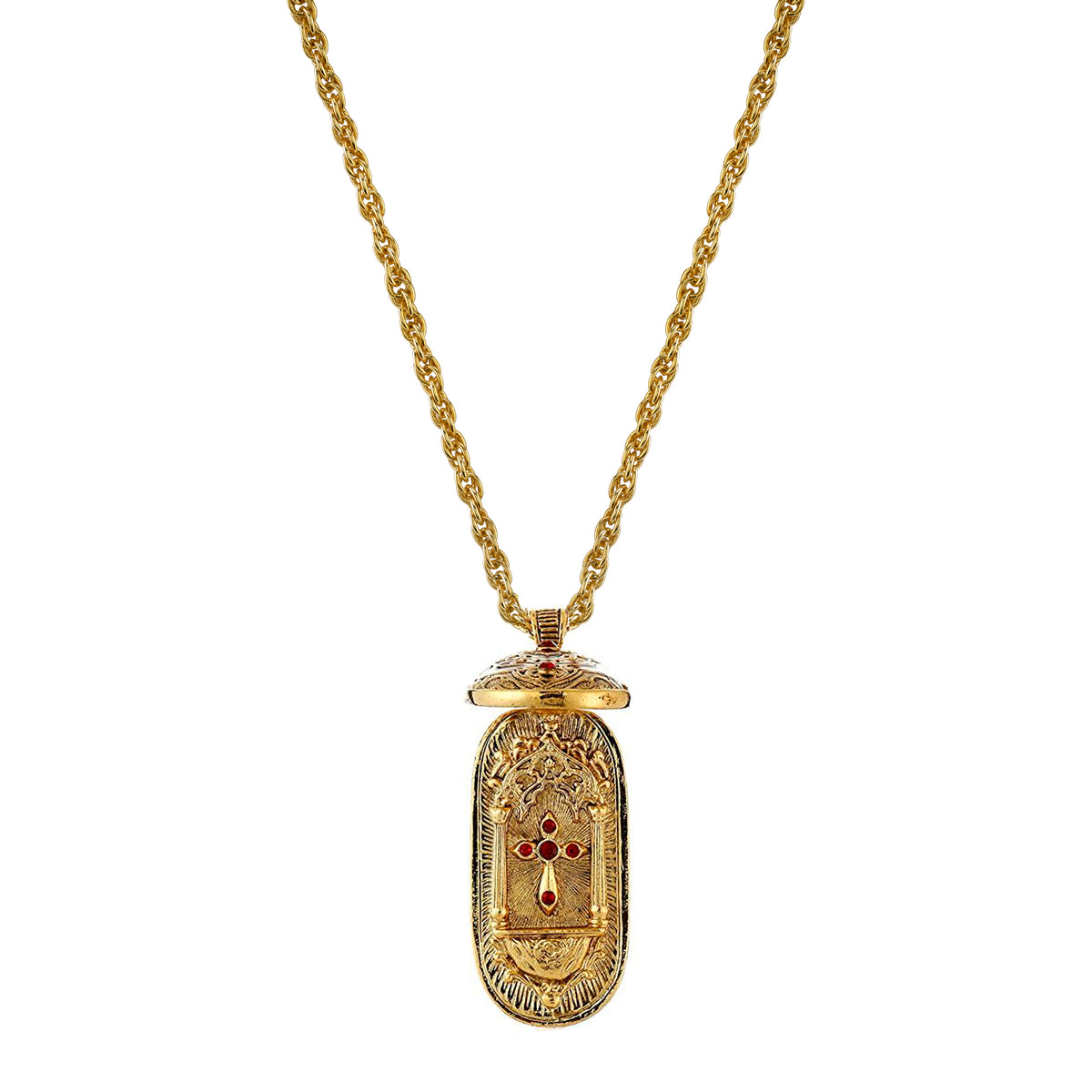 Opened Red Enamel Swing Open Pendant Enclosed Reliquary Crucifix Necklace 30"
