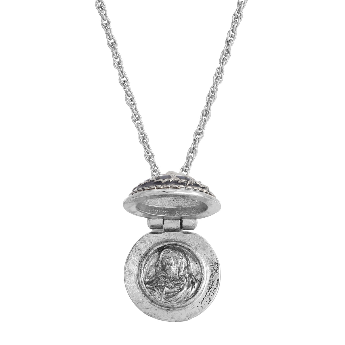 Symbols Of Faith Hand Enamel Enclosed Virgin Mary Lift Up Pendant Necklace 16" + 3" Extender open view - Blue