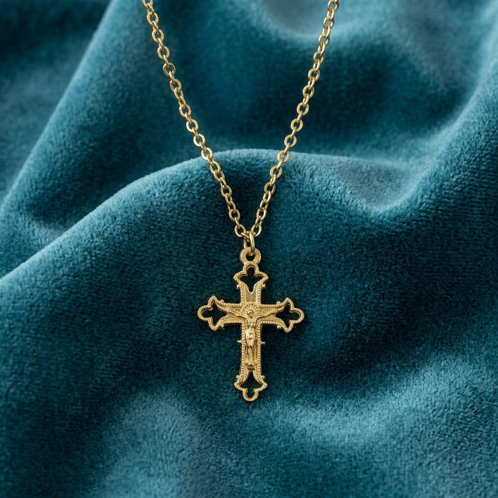 Gold crucifix necklace on a blue fabric background
