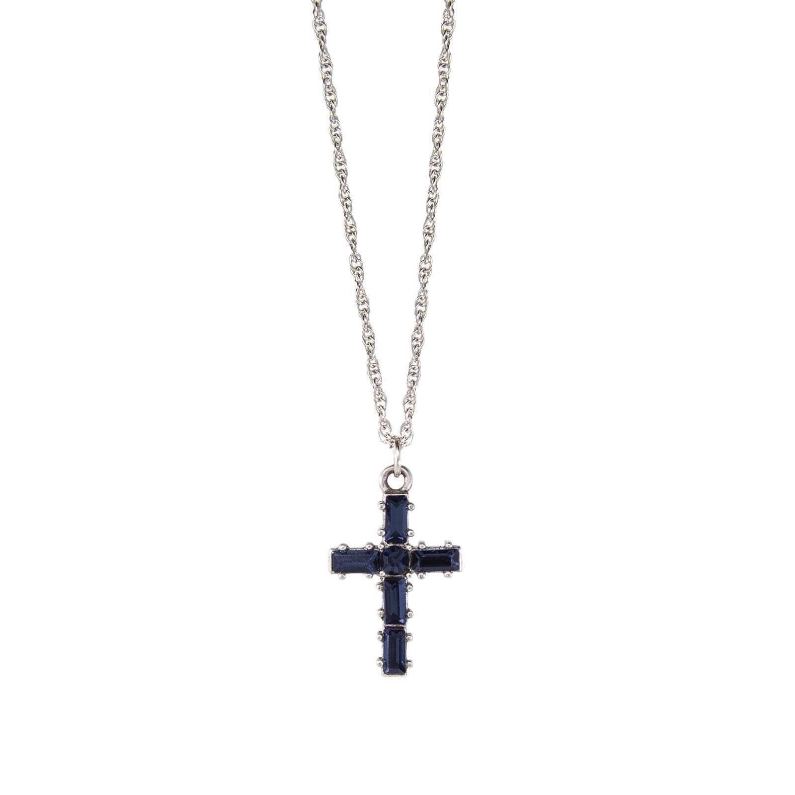 Symbols Of Faith Pewter Crystal Small Cross Pendant Necklace 16" + 3" Extender