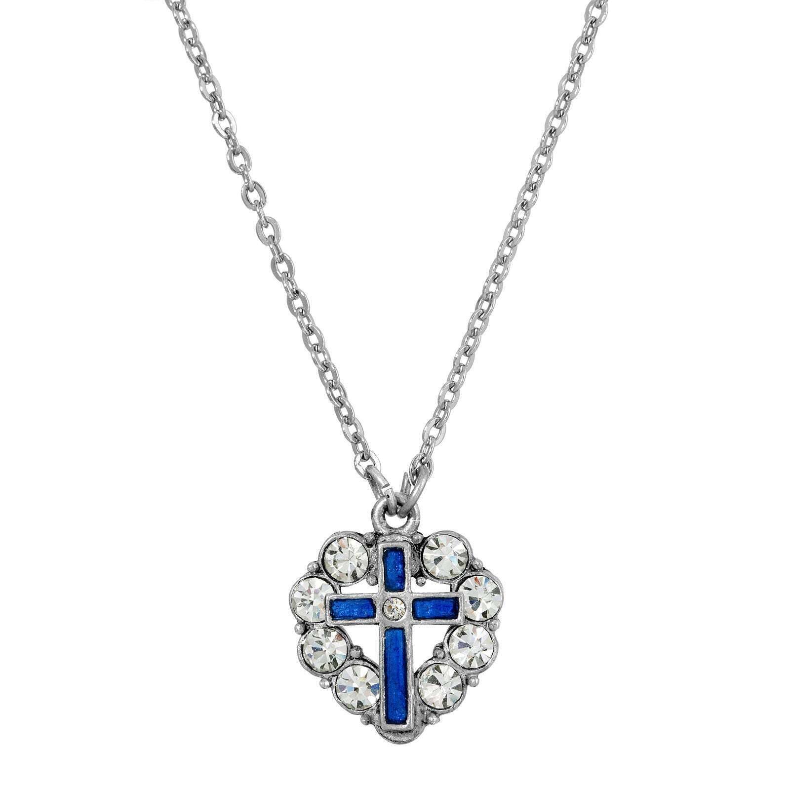 Symbols Of Faith Pewter Blue Enamel Cross Crystal Heart Pendant Necklace 16" + 3" Extender