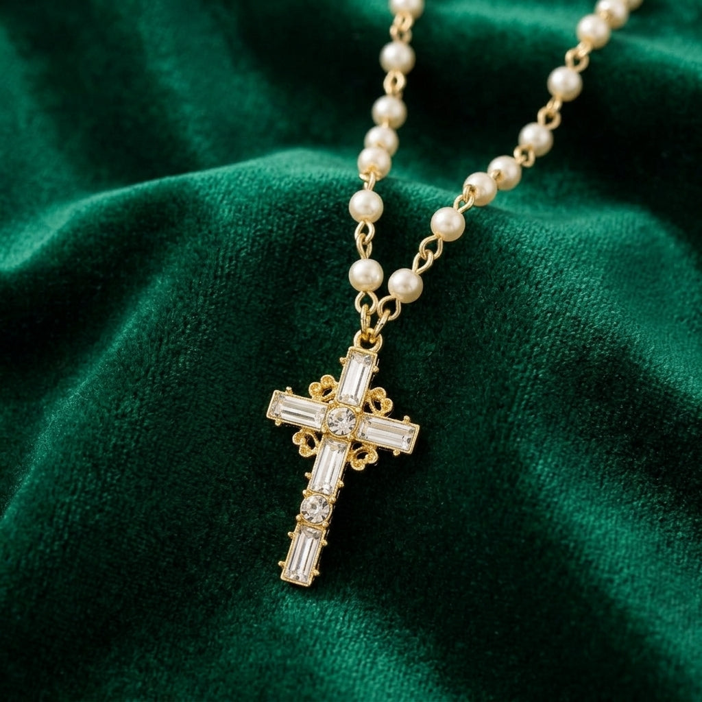 Gold cross pendant necklace with faux pearls on a green fabric background