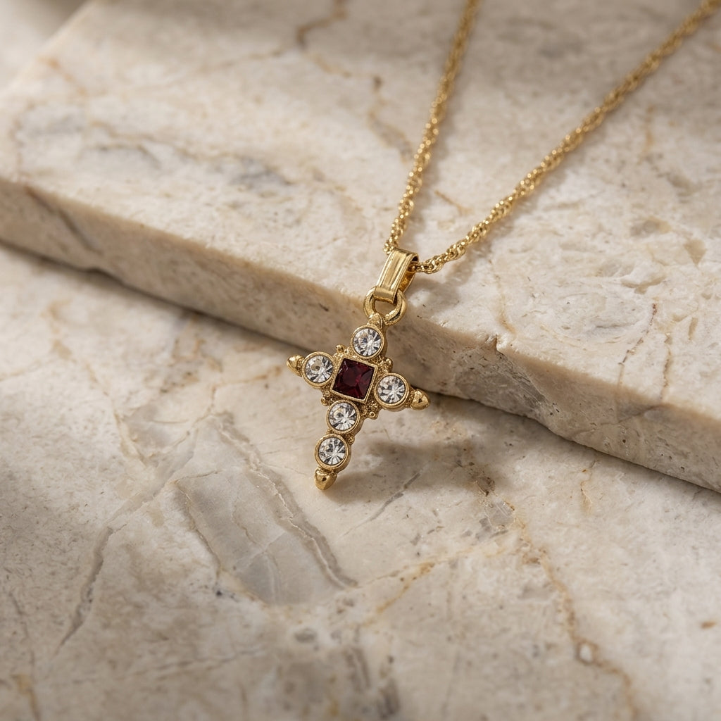 Gold necklace with a cross pendant that has both clear and red crystal accents on a marble surface