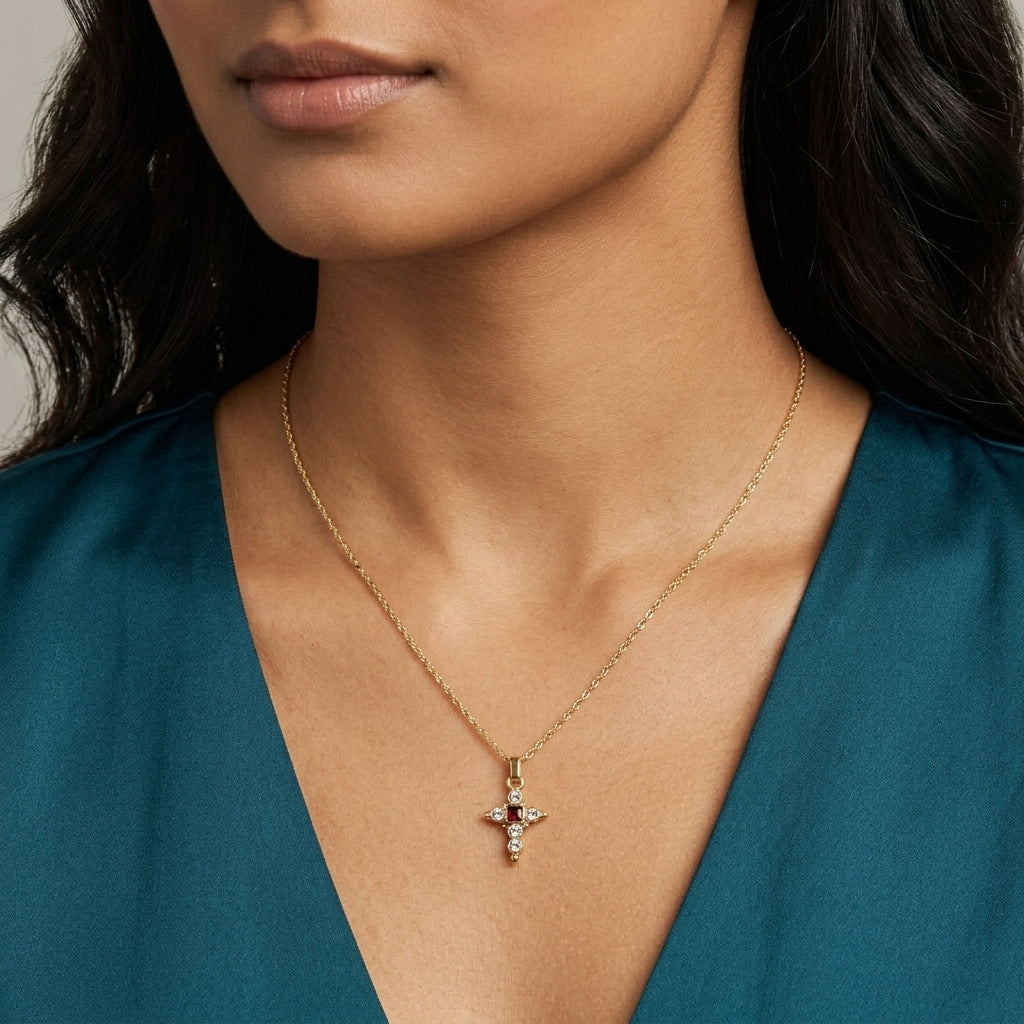 Woman wearing a gold necklace with a cross pendant that has clear crystal accents and a red crystal in the middle
