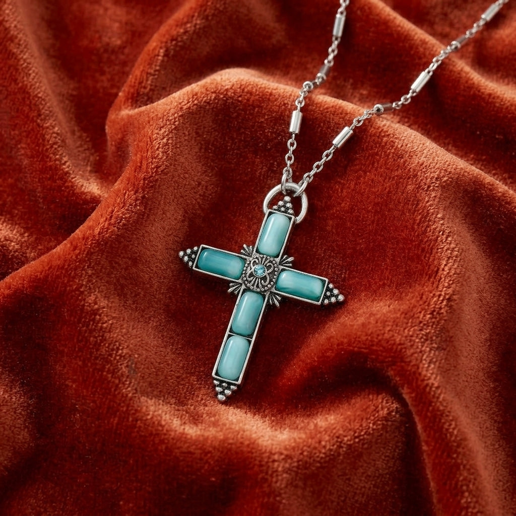 Turquoise cross pendant necklace on a red-colored fabric background