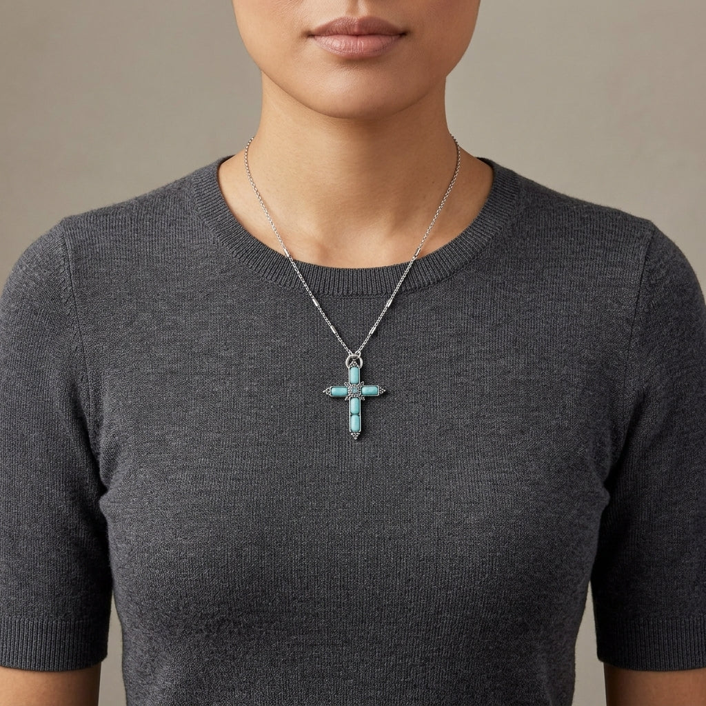 Person wearing a necklace with a cross pendant on a neutral background