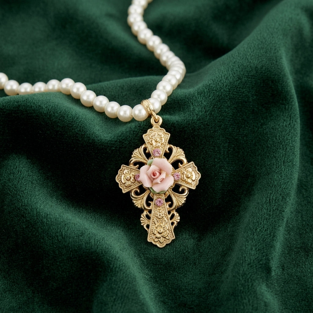 Pearl necklace with a gold cross pendant featuring a pink rose on a green fabric background