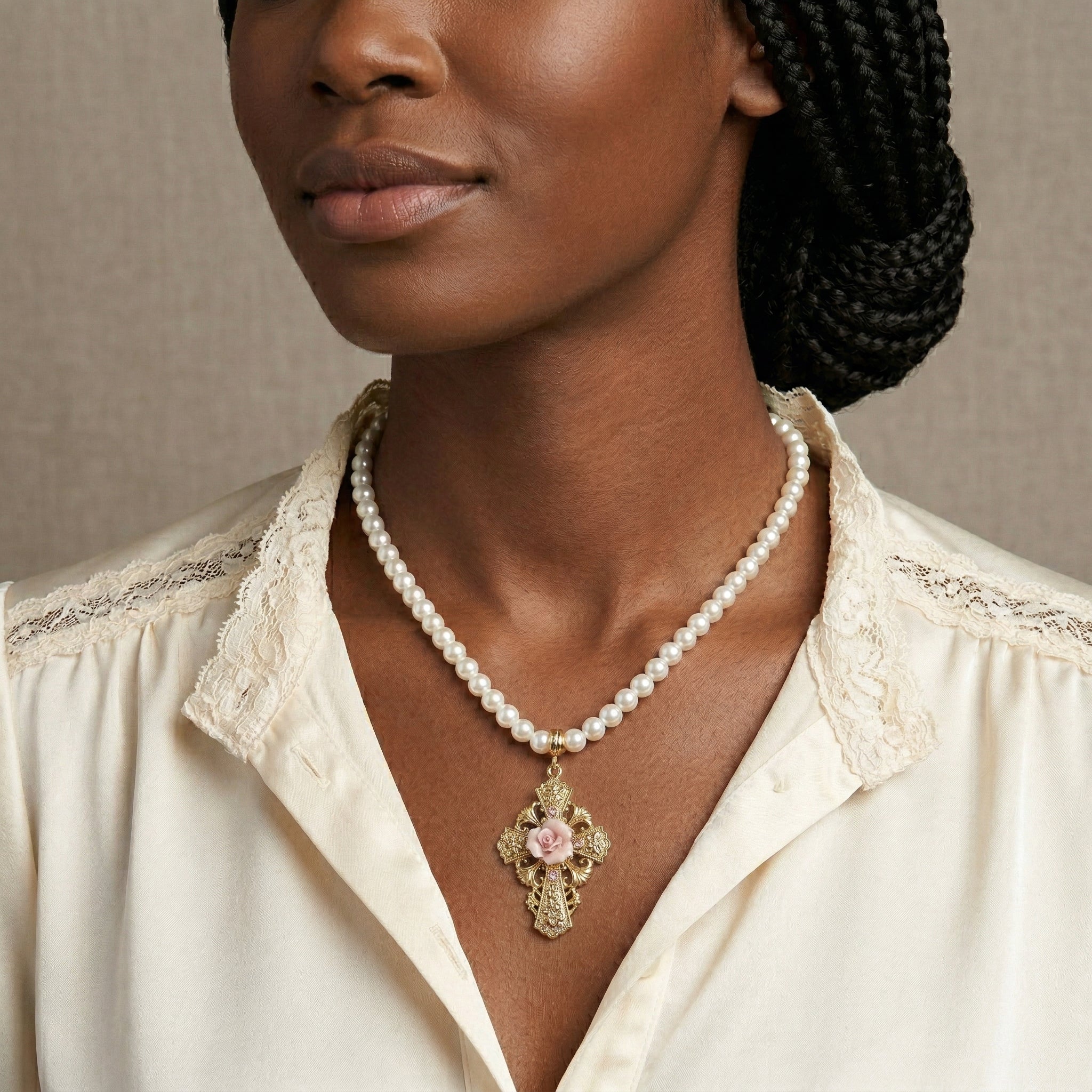 Woman wearing a pearl necklace with a decorative cross porcelain rose pendant against a neutral background