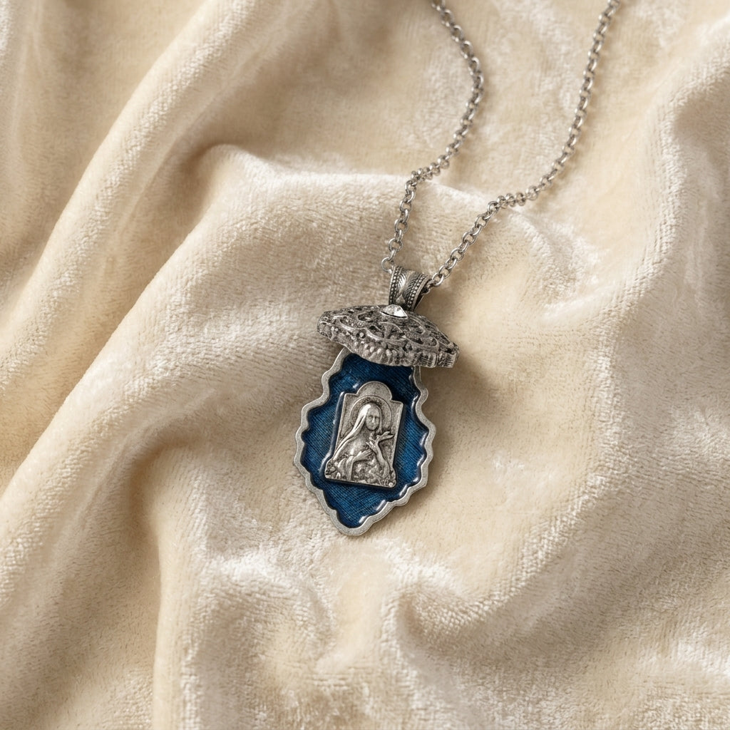 Opened locket necklace with Saint Thérèse of Lisieux religious design on a beige fabric background