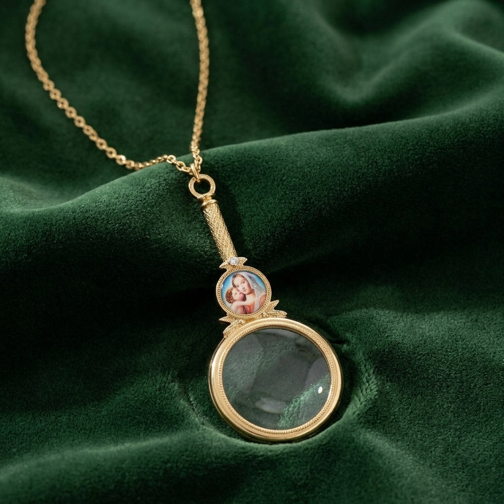 Gold tone necklace with a Mother Mary and Child magnifying glass resting on a green fabric background