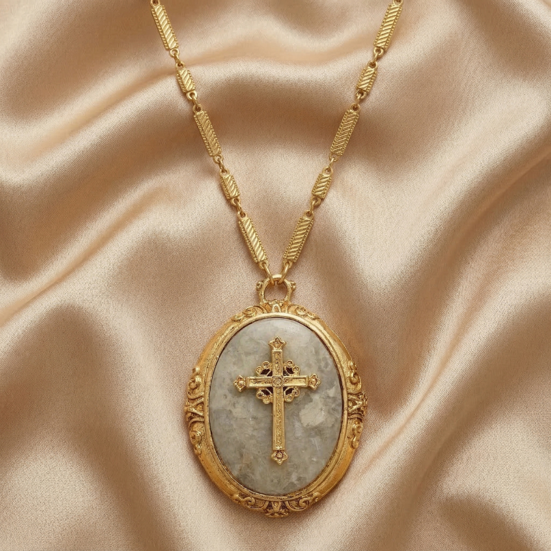 Gold necklace with a cross and gemstone pendant on a beige fabric background
