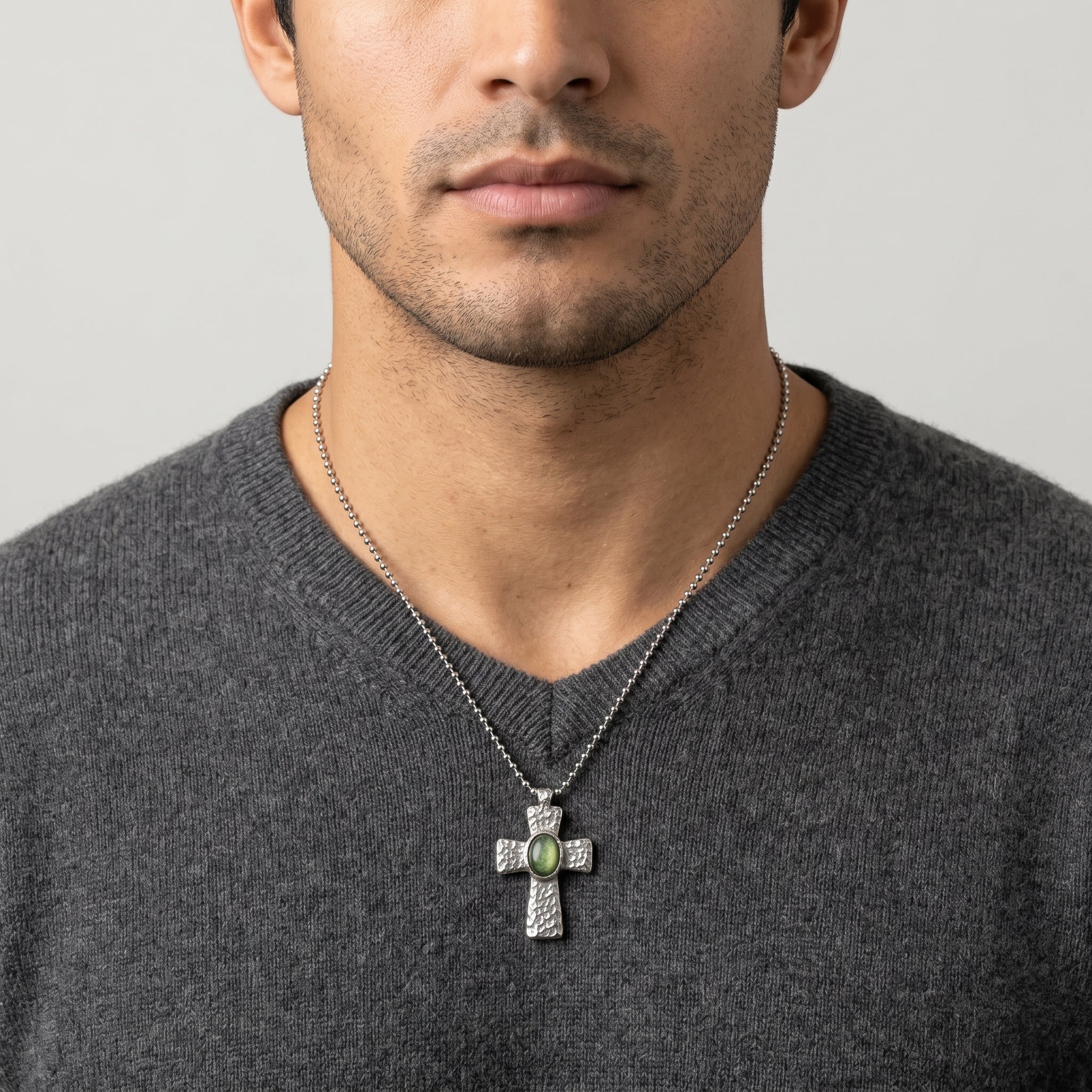 Symbols Of Faith Antiqued Hammered Metal Cross With Oval Gemstone