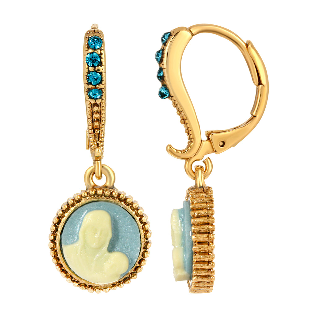 Symbols Of Faith Mother And Child Cameo Aqua Crystal Drop Earrings