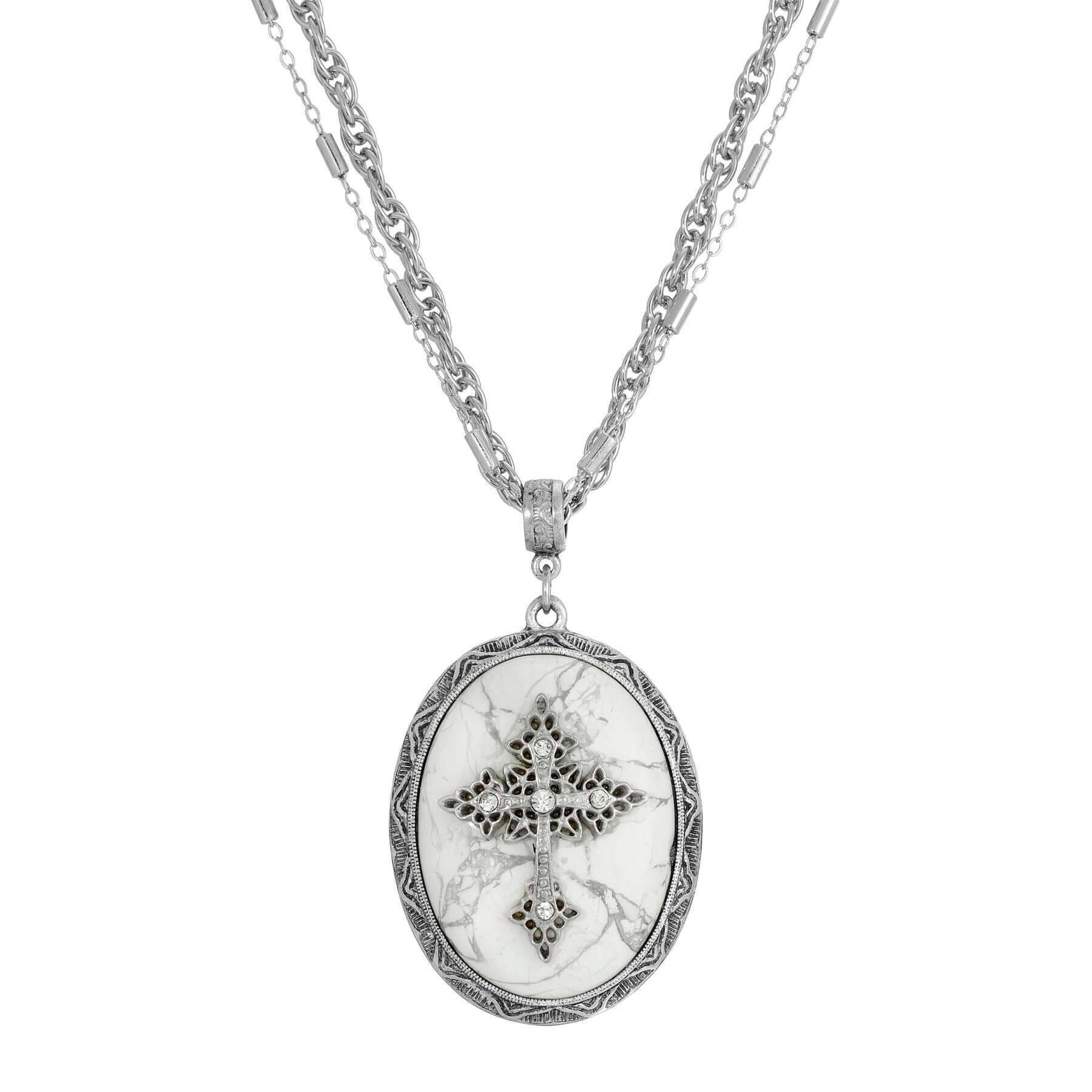 Symbols of Faith Multi Chain Oval Gemstone & Cross Pendant Necklace 18" + 3" Extender