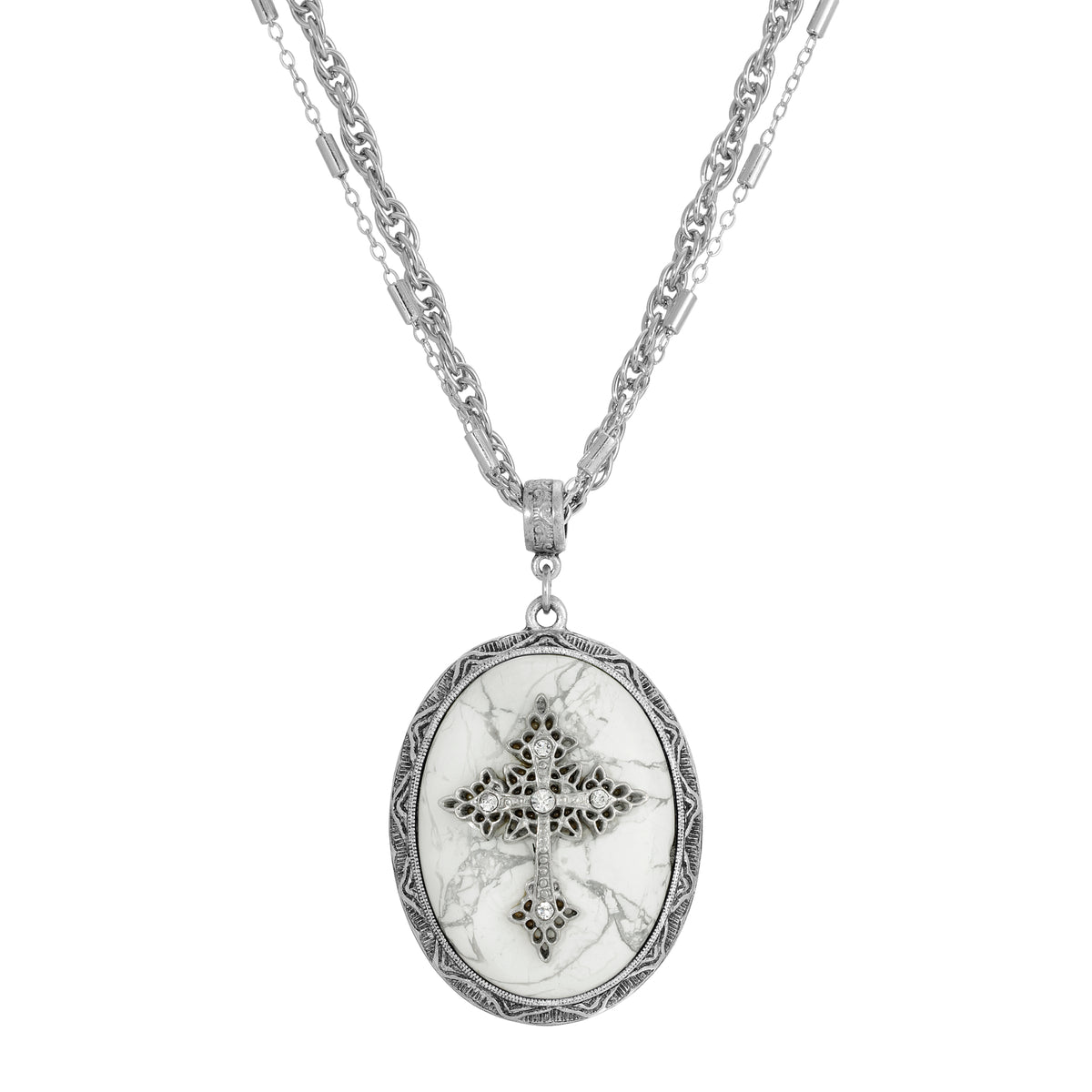Multi Chain Oval White Howlite Gemstone & Cross Pendant Necklace 18" + 3" Extender