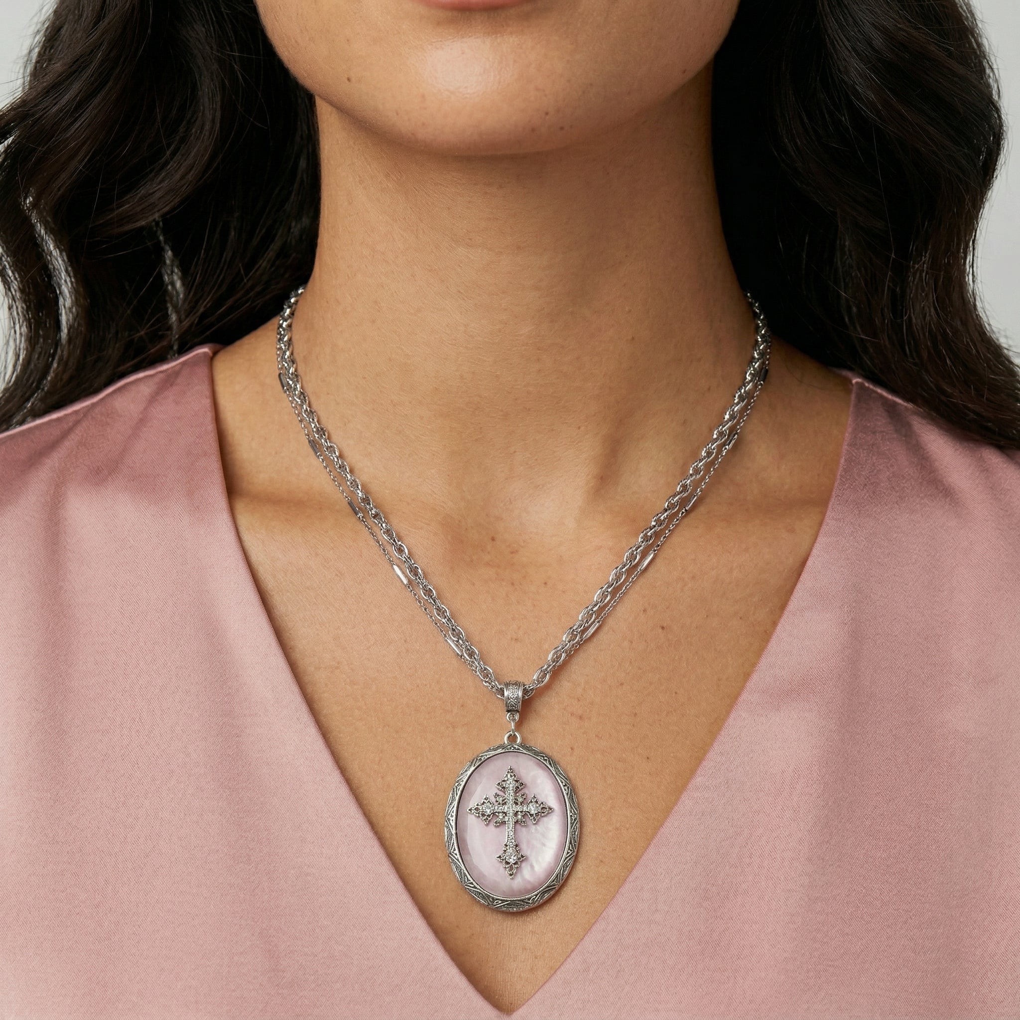 Symbols of Faith Multi Chain Oval Gemstone & Cross Pendant