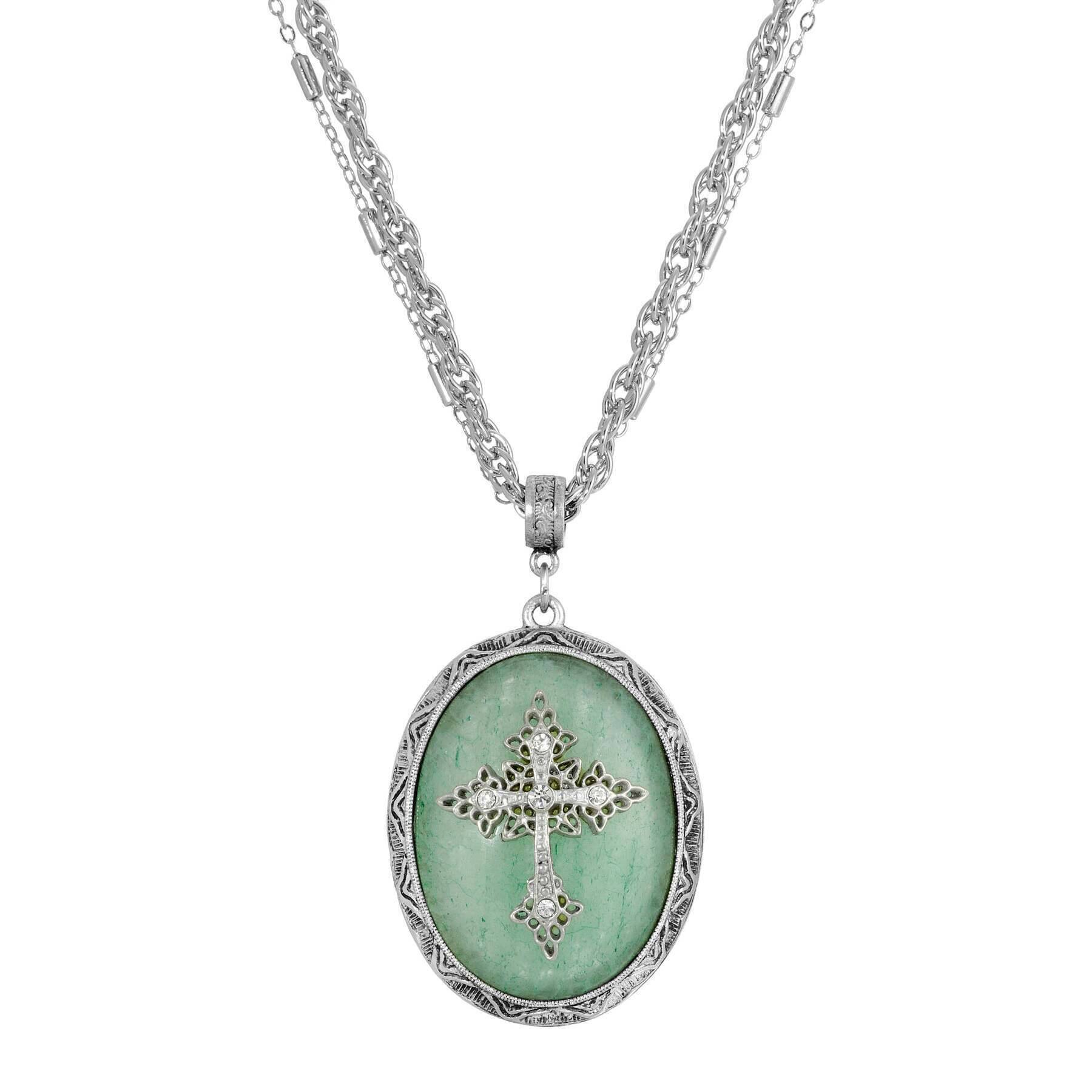 Symbols of Faith Multi Chain Oval Gemstone & Cross Pendant Necklace 18" + 3" Extender