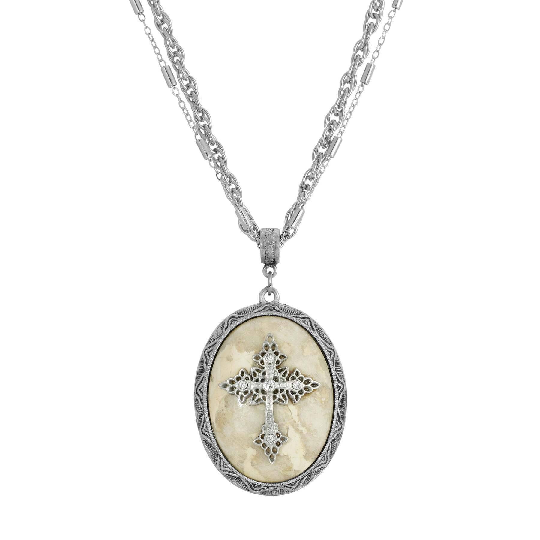 Symbols of Faith Multi Chain Oval Gemstone & Cross Pendant Necklace 18" + 3" Extender