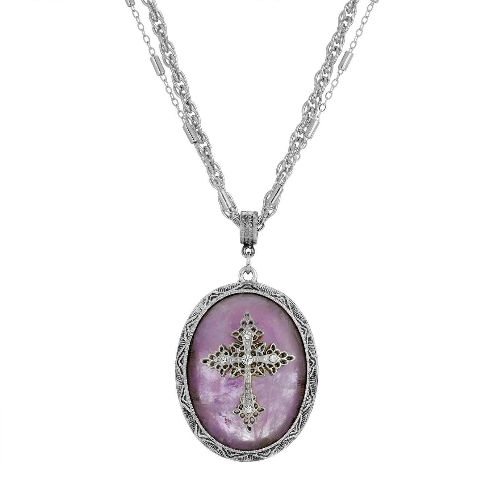 Symbols of Faith Multi Chain Oval Gemstone & Cross Pendant Necklace 18" + 3" Extender