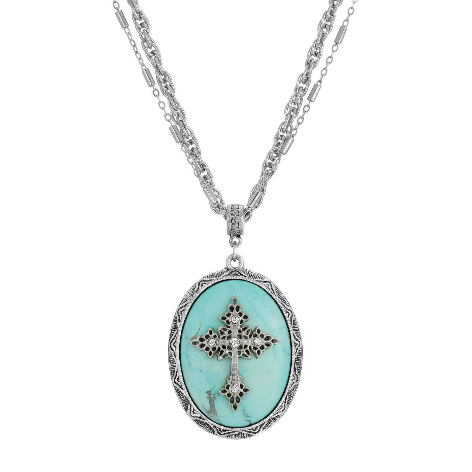 Symbols of Faith Multi Chain Oval Gemstone & Cross Pendant Necklace 18" + 3" Extender
