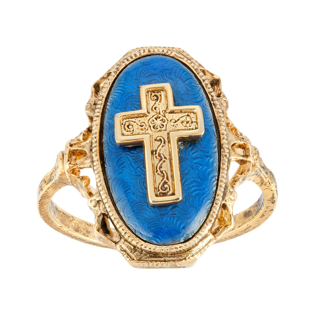 Symbols Of Faith Sapphire Blue Enamel Oval Cross Ring