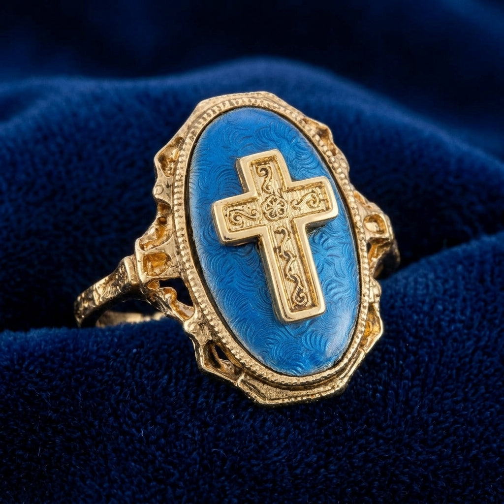 Gold ring with a blue stone and cross design on a blue velvet background