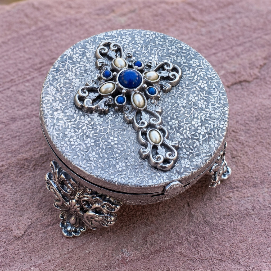 Decorative round box with a cross design featuring blue and pearl-like stones on a textured surface.