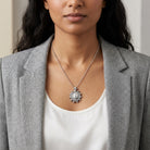Woman wearing a silver necklace with a detailed bible rosary pendant against a neutral background