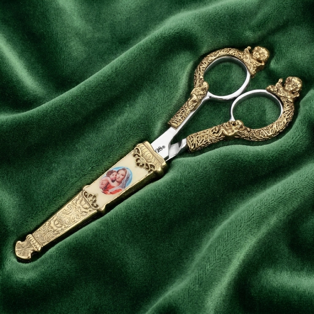 Gold tone scissors with Mother Mary and Child motif on a green fabric surface