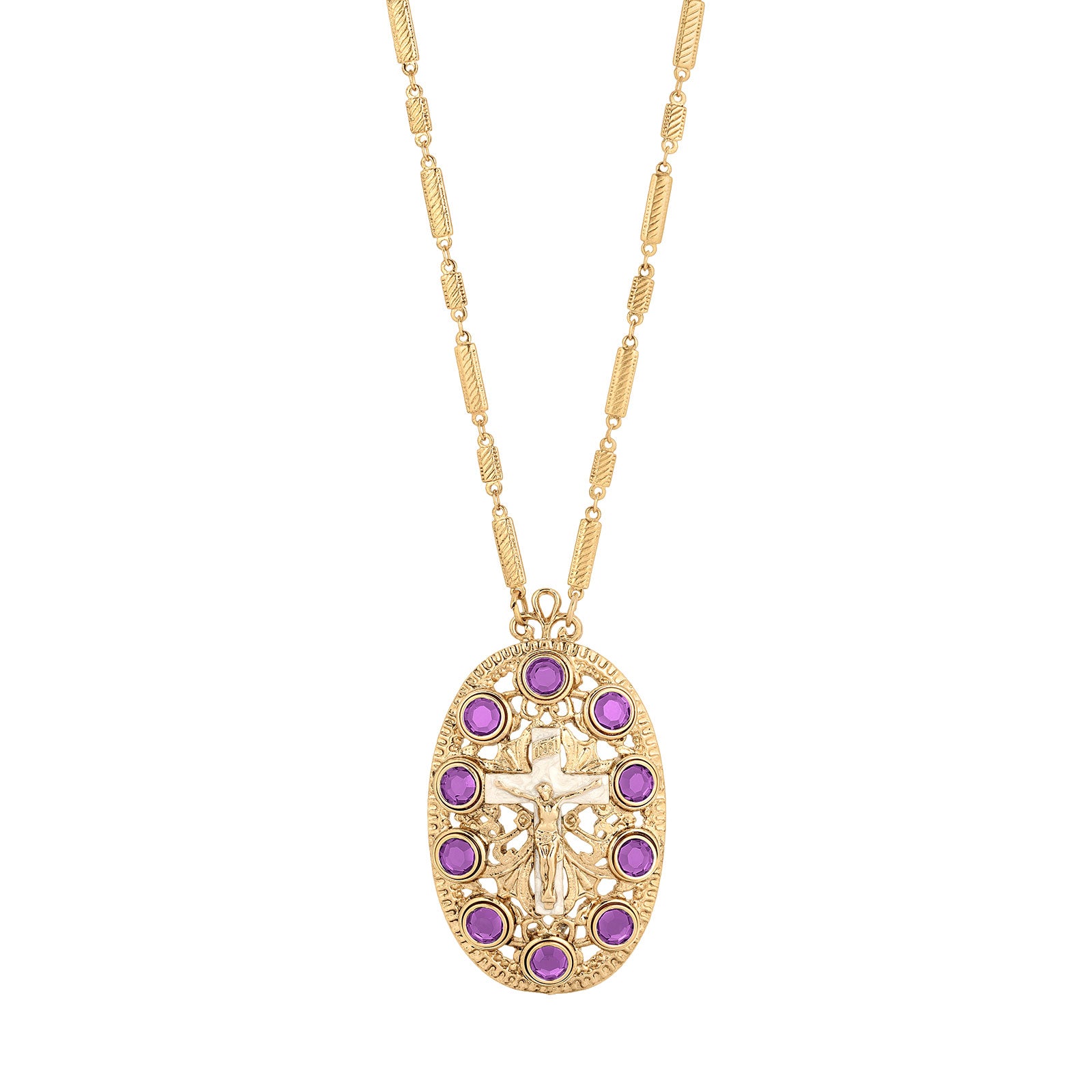 INRI Crucifix Purple Channel Crystal Oval Pendant Necklace