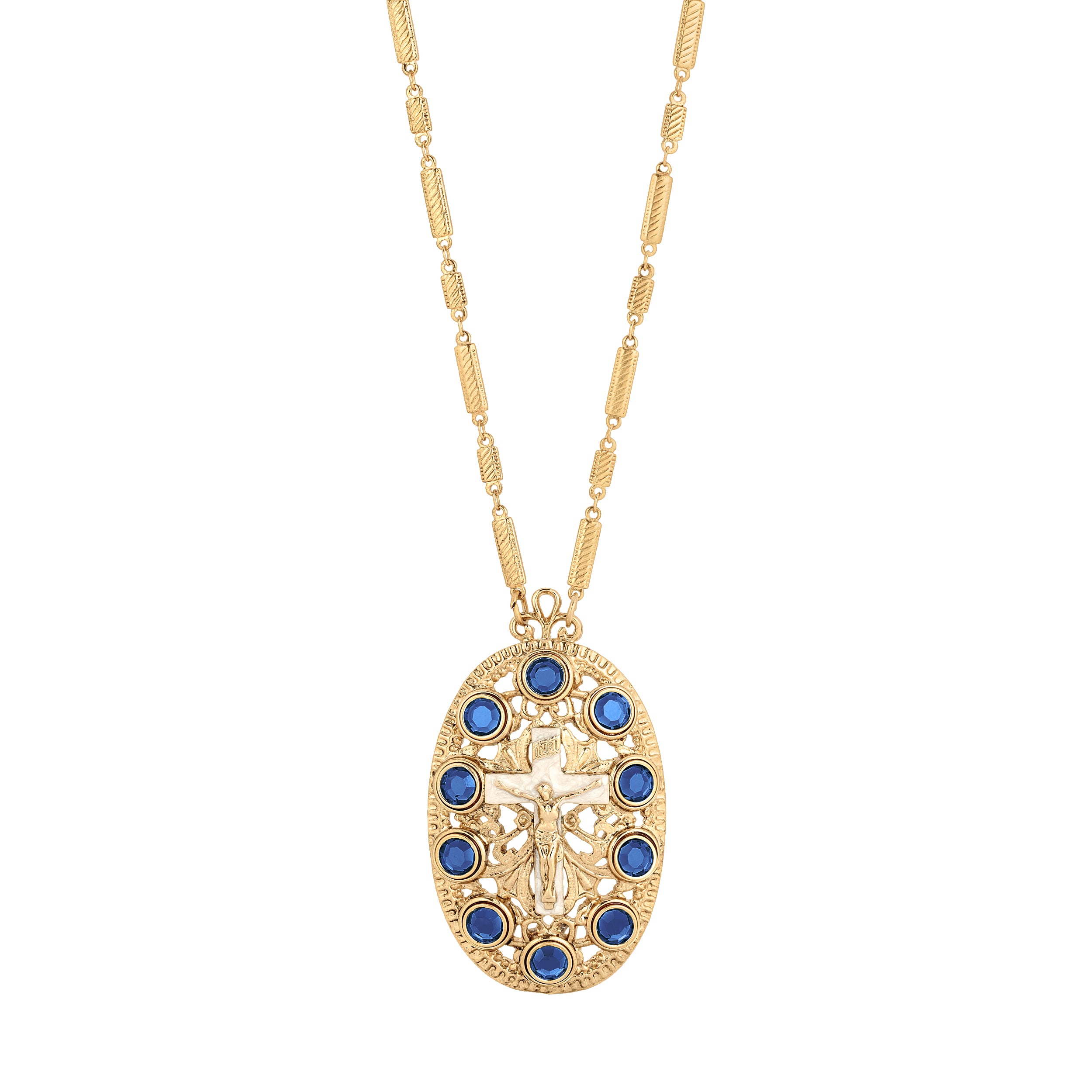 INRI Crucifix Blue Channel Crystal Oval Pendant Necklace